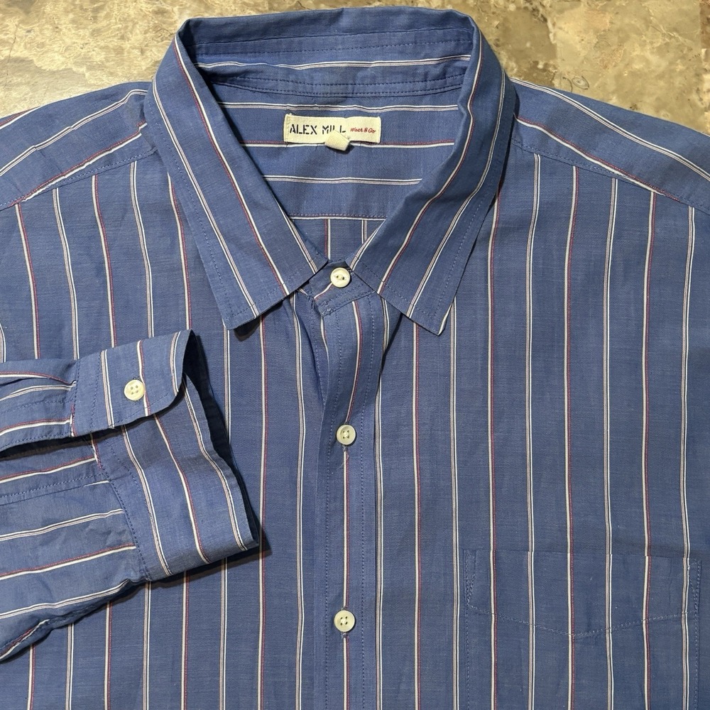 Alex Mill Shirt Mens XL Blue Long Sleeve Button Wash N Go Striped Cotton
